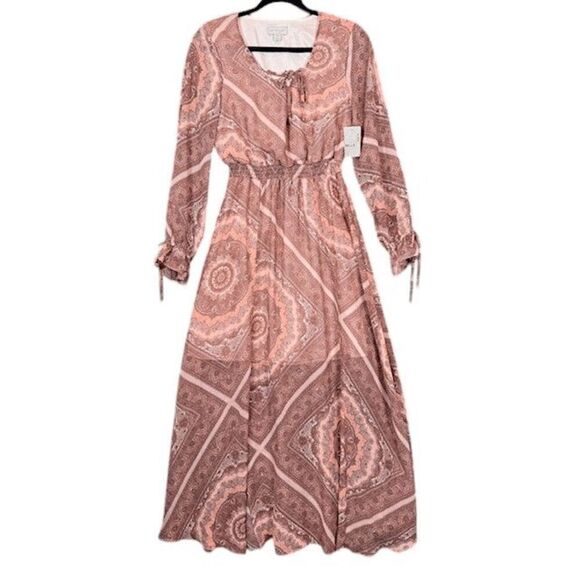 NWT Belle Sky Paisley Print Sheer Maxi Boho Tie Sleeves Mauve Pink Size XS - Picture 1 of 14